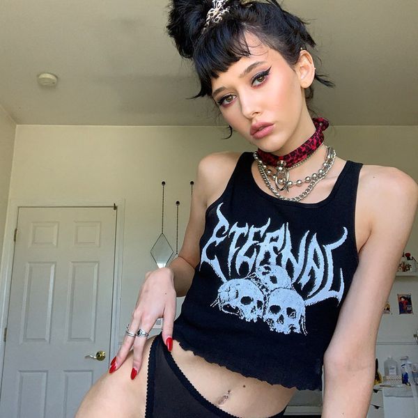 gothic knit tank crop eternal letter skull print summer cool women fashion harajuku korean style black shorts tank, White
gothic knit tank crop eternal letter skull print summer cool women fashion harajuku korean style black shorts tank, White