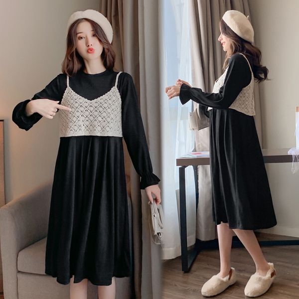 black maternity dress retro mid-length thickened long-sleeved dress two-piece suit, White
black maternity dress retro mid-length thickened long-sleeved dress two-piece suit, White