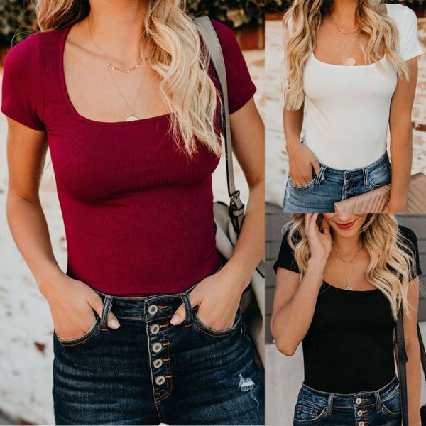 women square neck basic short sleeve ribbed slim plain t-shirt summer casual, White
women square neck basic short sleeve ribbed slim plain t-shirt summer casual, White