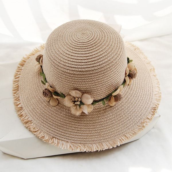 

beach holiday summer wide brim foldable straw hat warp knitting water-sprinkling festival women girls flower embellish, Blue;gray