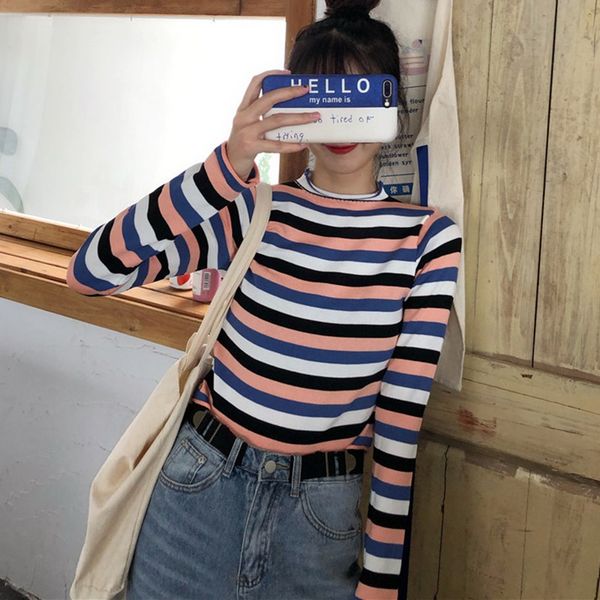 women autumn winter rainbow stripes print slim long sleeved round collar slim bottom knit sweater korean thin section sweater, White;black
women autumn winter rainbow stripes print slim long sleeved round collar slim bottom knit sweater korean thin section sweater, White;black
