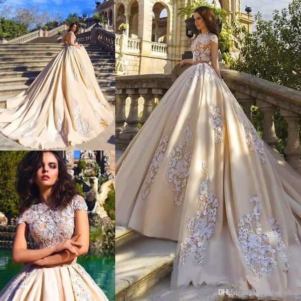 2019 new luxury champagne a line wedding dresses short sleeves lace appliques court train open back plus size formal bridal gowns, White
2019 new luxury champagne a line wedding dresses short sleeves lace appliques court train open back plus size formal bridal gowns, White