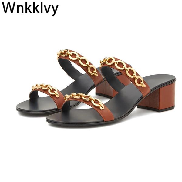 women shoes chunky high heels metal chain decor sandals dress party slippers genuine leather slides zapatos mujer, Black
women shoes chunky high heels metal chain decor sandals dress party slippers genuine leather slides zapatos mujer, Black