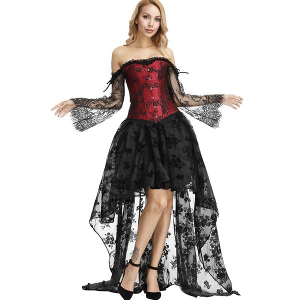 women plus size burlesque corset dress with sheer flare floral lace long sleeve lolita ruffle push up bra corset and long hi-lo skirt, Black;white
women plus size burlesque corset dress with sheer flare floral lace long sleeve lolita ruffle push up bra corset and long hi-lo skirt, Black;white