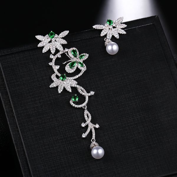 fashion inspired asymmetric green butterfly and flower cane shaped drop earrings with simulated pearl cz stone women jewelry, Silver
fashion inspired asymmetric green butterfly and flower cane shaped drop earrings with simulated pearl cz stone women jewelry, Silver