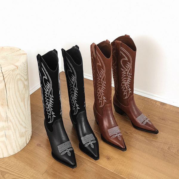 high-end varved full leather knee-high boots new style retro pointed-toe boots knight women's chunky-heel, Black
high-end varved full leather knee-high boots new style retro pointed-toe boots knight women's chunky-heel, Black