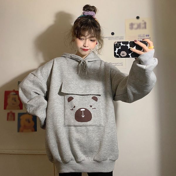 women korean style sweatshirt plus velvet thick print large pocket hooded pink orange bear creative cute outwear, Black
women korean style sweatshirt plus velvet thick print large pocket hooded pink orange bear creative cute outwear, Black
