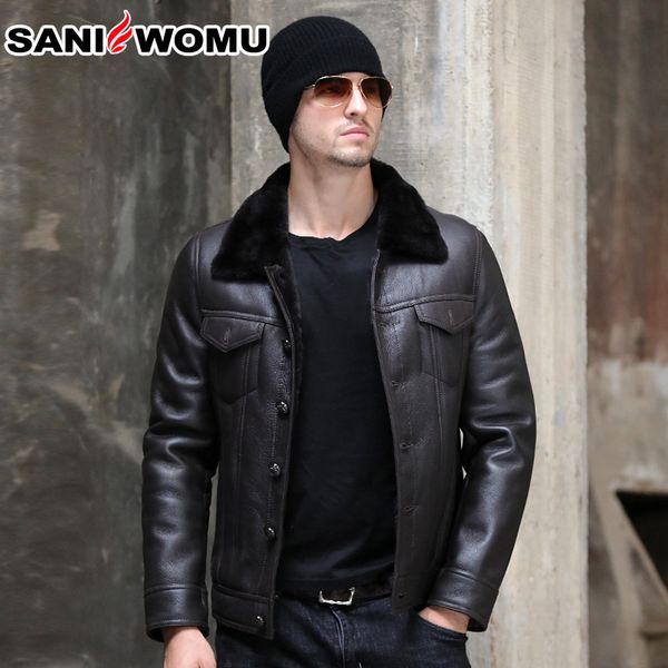 men's leather & faux 100% genuine slim jacket,men natural shearling fur short jackets winter warm thicke coat turn down collar, Black
men's leather & faux 100% genuine slim jacket,men natural shearling fur short jackets winter warm thicke coat turn down collar, Black