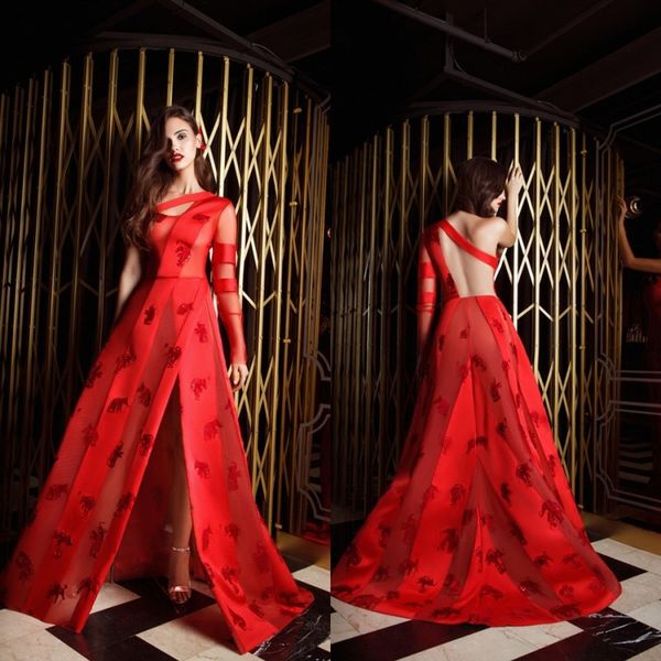 2019 side split red prom dresses one shoulder appliqued a line backless evening dress party wear special occasion gowns, Black
2019 side split red prom dresses one shoulder appliqued a line backless evening dress party wear special occasion gowns, Black