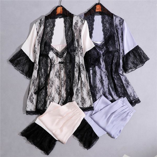 satin pyjamas women 3pieces pajamas for women homewear elegant sleepwear female lace silk pajamas with chest pad, Blue;gray
satin pyjamas women 3pieces pajamas for women homewear elegant sleepwear female lace silk pajamas with chest pad, Blue;gray