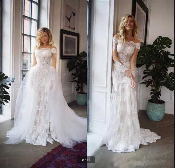 2020 new arrival detachable train white lace wedding dresses mermaid off shoulder long sleeve boho bridal gowns vestidos de noiva
2020 new arrival detachable train white lace wedding dresses mermaid off shoulder long sleeve boho bridal gowns vestidos de noiva