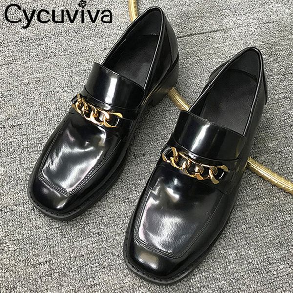 spring new lefu shoes women metal chain decorate black leather leisure shoes woman british style casual flat