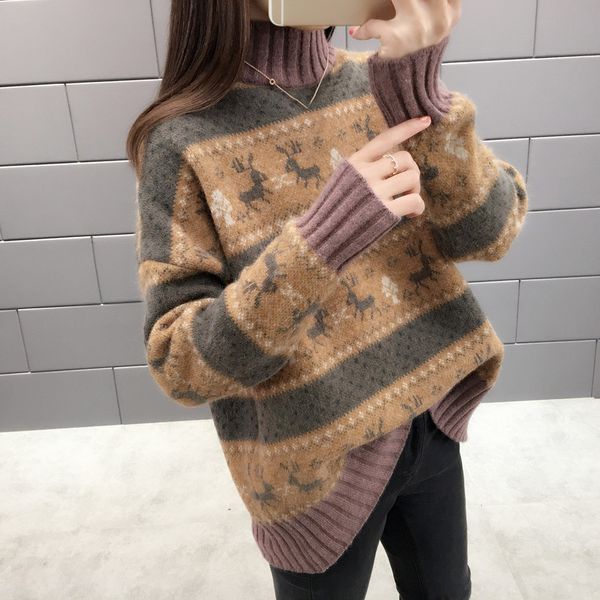 high collar deer pattern women jacquard sweater loose thick autumn winter striped long sleeve female pullover casual lady jumper, White;black
high collar deer pattern women jacquard sweater loose thick autumn winter striped long sleeve female pullover casual lady jumper, White;black