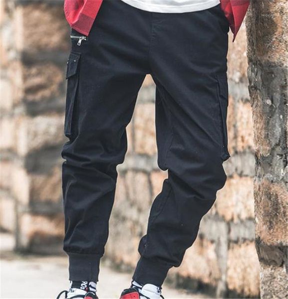 mens designer pants fashion loose plus size mens cargo pants casual males clothing mulit pockets panelled, Black