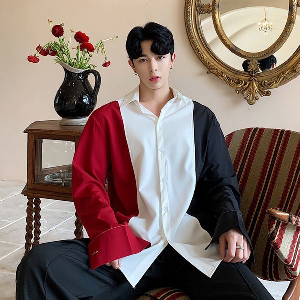 men's dress shirts spring autumn male streetwear hip hop stage show clothing blouse men long sleeve spliced loose casual, White;black
men's dress shirts spring autumn male streetwear hip hop stage show clothing blouse men long sleeve spliced loose casual, White;black