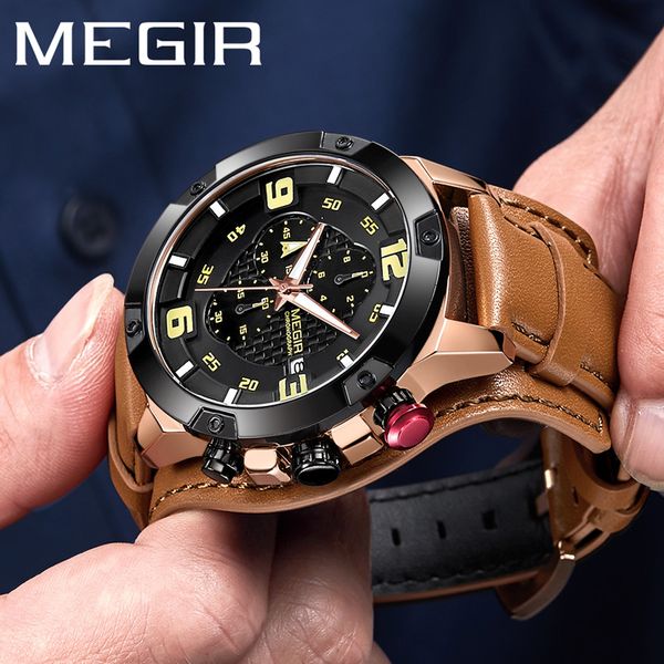 megir men watch gold chronograph wristwatch date sport leather band male clock relogio masculino 2099, Slivery;brown
megir men watch gold chronograph wristwatch date sport leather band male clock relogio masculino 2099, Slivery;brown