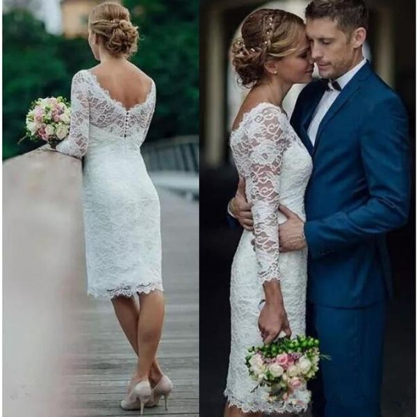 new short lace wedding dress bateau backless 3/4 long sleeves sheath illusion bodice knee length beach country bridal gowns, White
new short lace wedding dress bateau backless 3/4 long sleeves sheath illusion bodice knee length beach country bridal gowns, White