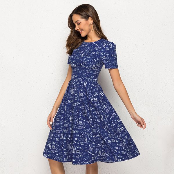 summer british knee-high dress blue short sleeved round collar slim folds, Black;gray
summer british knee-high dress blue short sleeved round collar slim folds, Black;gray