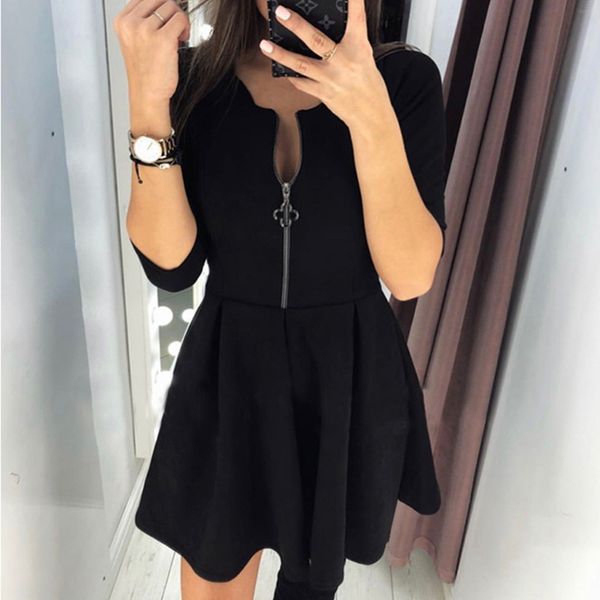 casual dresses 2021 spring fashion three quarter sleeve oneck four-leaf zip dress party prom female vintage vestidos, Black;gray 
casual dresses 2021 spring fashion three quarter sleeve oneck four-leaf zip dress party prom female vintage vestidos, Black;gray