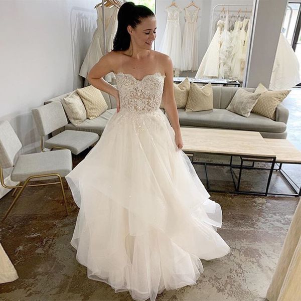 romantic illusion bodice a line wedding dresses sweetheart appliques bead tiered tulle skirt bridal dress custom made, White