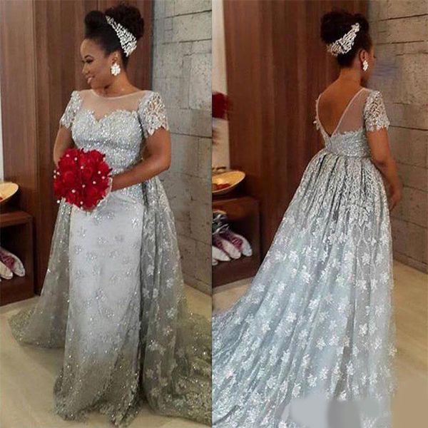 2020 short sleeves silver evening dresses overskirt sparkly beaded sequins a line scoop neck lace applique plus size prom party gown, Black;red 
2020 short sleeves silver evening dresses overskirt sparkly beaded sequins a line scoop neck lace applique plus size prom party gown, Black;red