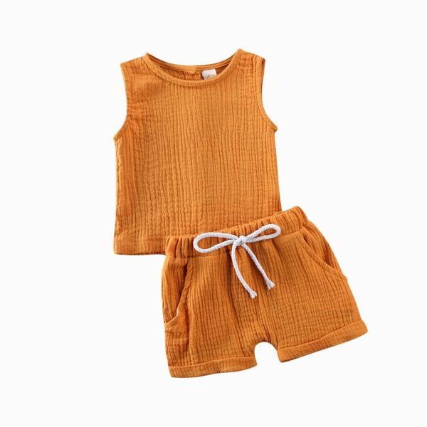summer infant baby 2pcs clothes round neck sleeveless t-shirt + shorts pants cotton linen soft casual kids outfits 4 colors, White 
summer infant baby 2pcs clothes round neck sleeveless t-shirt + shorts pants cotton linen soft casual kids outfits 4 colors, White
