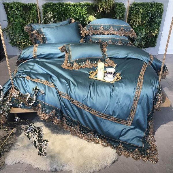35 4/5pcs blue romantic lace embroidery 100s egyptian cotton court bedding set duvet cover bed sheet bed linen pillowcases
35 4/5pcs blue romantic lace embroidery 100s egyptian cotton court bedding set duvet cover bed sheet bed linen pillowcases