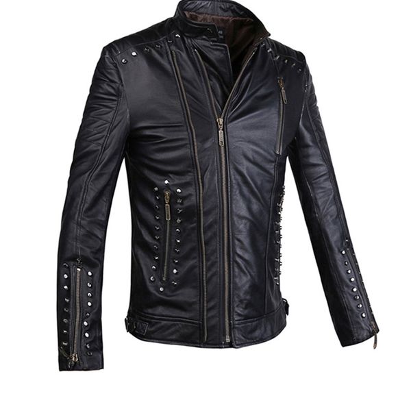mens genuine leather jacket rivert design slim sheepskin leather coat stand collar, Black
mens genuine leather jacket rivert design slim sheepskin leather coat stand collar, Black