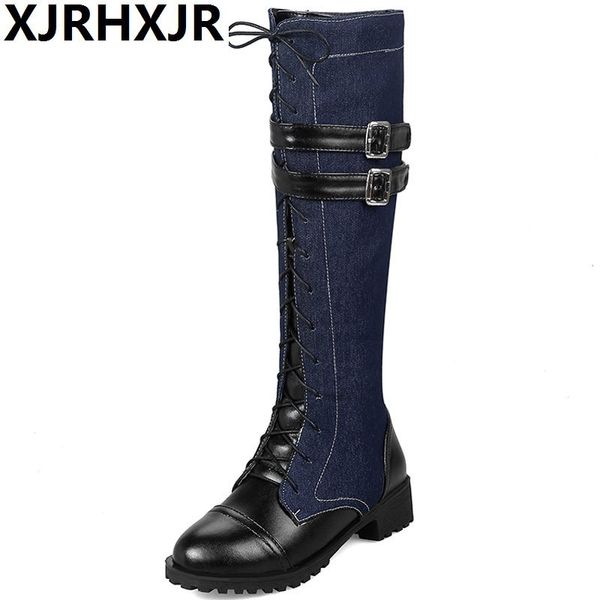 fashion round toe women spring autumn high heels denim and buckle strap knee high boots lady 2018 new lace-up boots size 33-46, Black
fashion round toe women spring autumn high heels denim and buckle strap knee high boots lady 2018 new lace-up boots size 33-46, Black