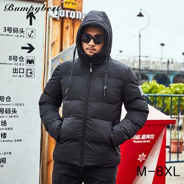 

bumpybeast winter jacket for men 2018 warm thick hooded mens jackets men's parka male plus size 8xl fat big code pure color coat, Black