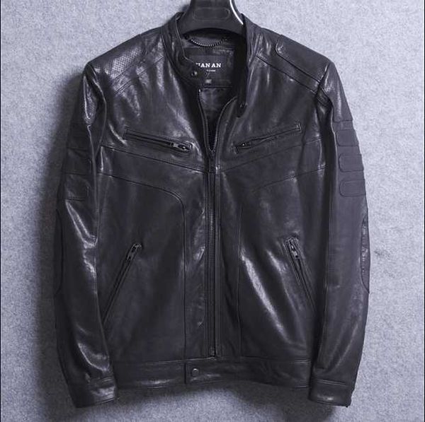 men's leather & faux genuine short sheep youth skin stand collar coat fashion thin motorcycle jacket, Black