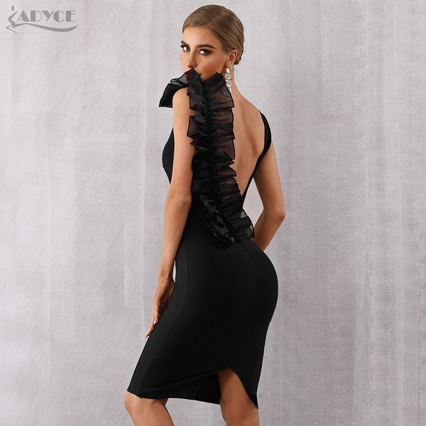 adyce 2020 new summer black bodycon bandage dress women v-neck ruffles mesh backless vestidos celebrity evening party dress, Black;gray 
adyce 2020 new summer black bodycon bandage dress women v-neck ruffles mesh backless vestidos celebrity evening party dress, Black;gray
