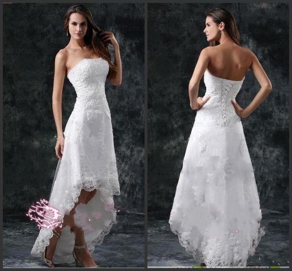 2019 new wedding dresses strapless appliques lace high low little white ivory lace up back summer beach short bridal gowns 1171
2019 new wedding dresses strapless appliques lace high low little white ivory lace up back summer beach short bridal gowns 1171