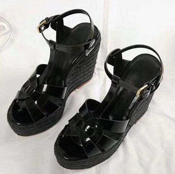 wedge women sandals high platform plaited leather summer lady sandals, Black