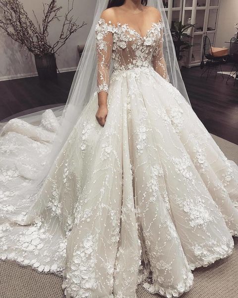 2019 3d floral appliques wedding dresses sweetheart neckline illusion long sleeve bridal gown vestido de novia, White 
2019 3d floral appliques wedding dresses sweetheart neckline illusion long sleeve bridal gown vestido de novia, White
