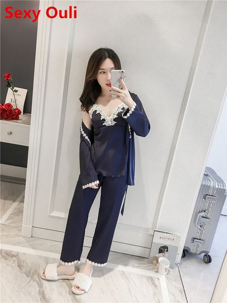 women silk satin pajama set 3 pieces print pijama set summer pyjama femme fashion sleepwear leisure home clothing, Blue;gray
women silk satin pajama set 3 pieces print pijama set summer pyjama femme fashion sleepwear leisure home clothing, Blue;gray