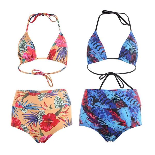 2pcs bikini set high waist swimsuit women floral printed swimwear, White;black 
2pcs bikini set high waist swimsuit women floral printed swimwear, White;black