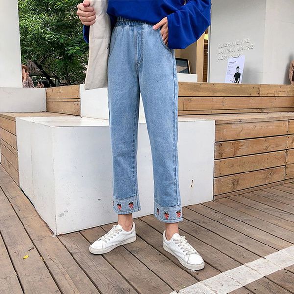 women casual stretch trousers high waist straight pants cartoon strawberry embroidered loose jeans denim nine pants, Blue
women casual stretch trousers high waist straight pants cartoon strawberry embroidered loose jeans denim nine pants, Blue