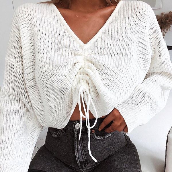 2019 autumn drawstring knit jumper pullovers women green white batwing sleeve knitted sweater ladies loose v neck sweater, White;black
2019 autumn drawstring knit jumper pullovers women green white batwing sleeve knitted sweater ladies loose v neck sweater, White;black