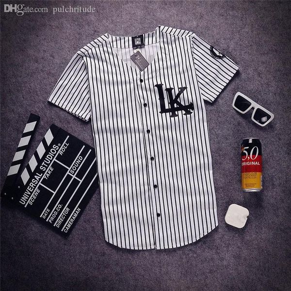 wholesale-2015 fashion men's v-neck hip hop tyga swag last kings t shirt baseball shirts man summer strip buttoms tee shirts free