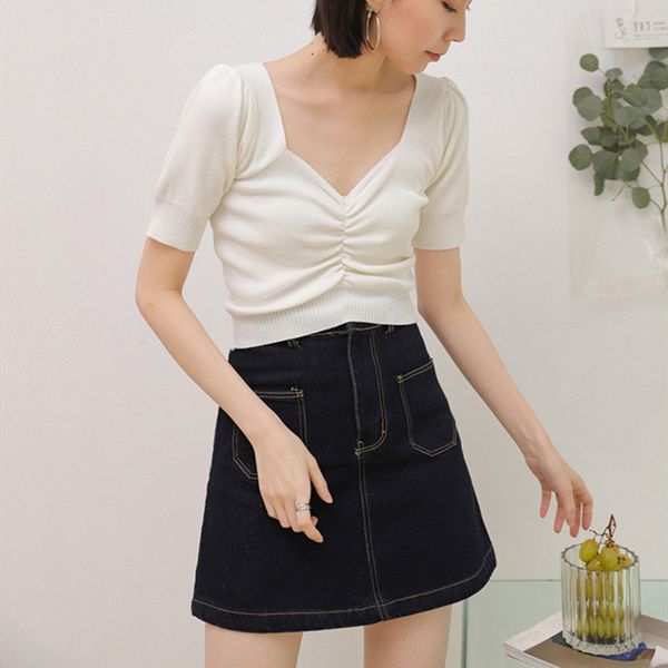 three solid color women knitted sweater short sleeve square collar spring summer pullover female top, White;black
three solid color women knitted sweater short sleeve square collar spring summer pullover female top, White;black