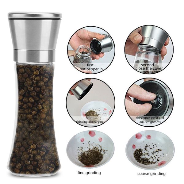 salt & pepper mill seasoning bottle adjustable salt and pepper grinder set, stainless steel thick glass body with large capac
salt & pepper mill seasoning bottle adjustable salt and pepper grinder set, stainless steel thick glass body with large capac