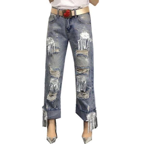 denim jean women wide leg pants loose clothes new fashion casual hole tassel with sequined ripped jeans, Blue
denim jean women wide leg pants loose clothes new fashion casual hole tassel with sequined ripped jeans, Blue
