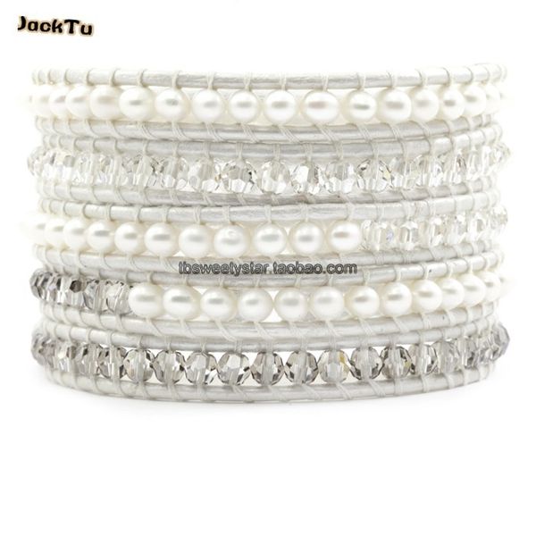 crystal mix natural fresh water pearl leather wrap bracelet, Golden;silver