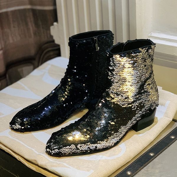 fashion mens shiny sequined ankle boots night clubwear pointed toe bling bling block med heels boots male harajuku party shoes, Black
fashion mens shiny sequined ankle boots night clubwear pointed toe bling bling block med heels boots male harajuku party shoes, Black