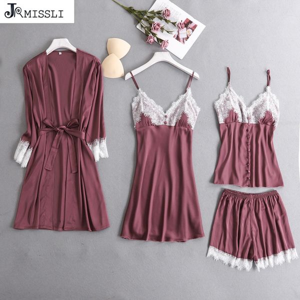 jrmissli satin sleepwear with chest pads women pajamas lace slik sleep lounge 4 pieces sets embroidery ladies home clothing, Blue;gray
jrmissli satin sleepwear with chest pads women pajamas lace slik sleep lounge 4 pieces sets embroidery ladies home clothing, Blue;gray