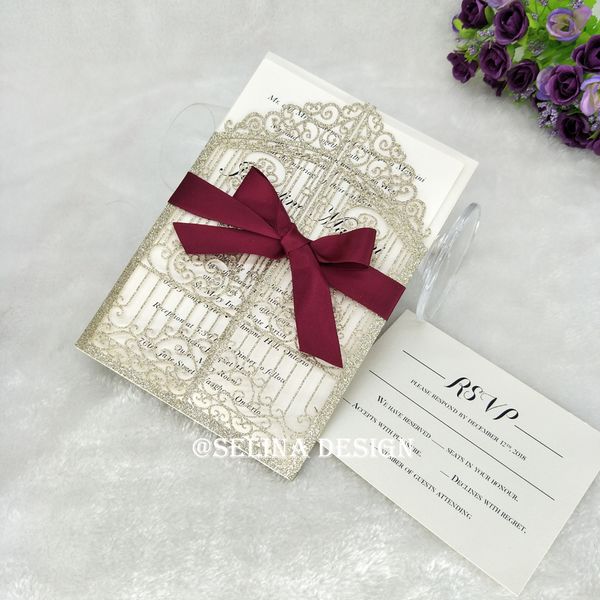 champagne glitter gate-fold laser cut wedding invites with burgundy bow and envelope, diy invitations customizable printing, ing, Black
champagne glitter gate-fold laser cut wedding invites with burgundy bow and envelope, diy invitations customizable printing, ing, Black