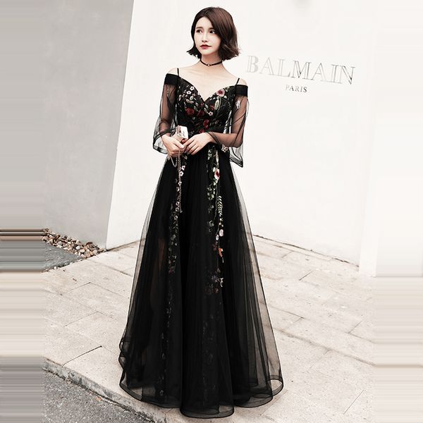 black boat neck emboridery long dance party dress flare sleeve back zipper elegant evening party gowns, Black;red 
black boat neck emboridery long dance party dress flare sleeve back zipper elegant evening party gowns, Black;red