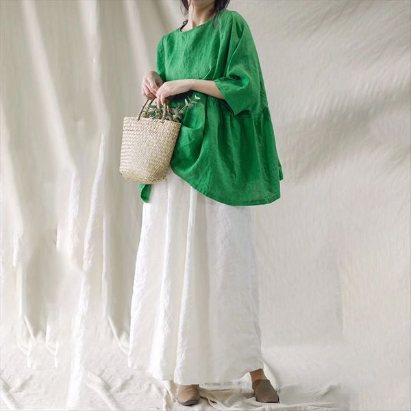 fu t-shirt fu 2020 solid color t-shirt yarn-dyed round collar loose pullover linen short sleeve female, White 
fu t-shirt fu 2020 solid color t-shirt yarn-dyed round collar loose pullover linen short sleeve female, White