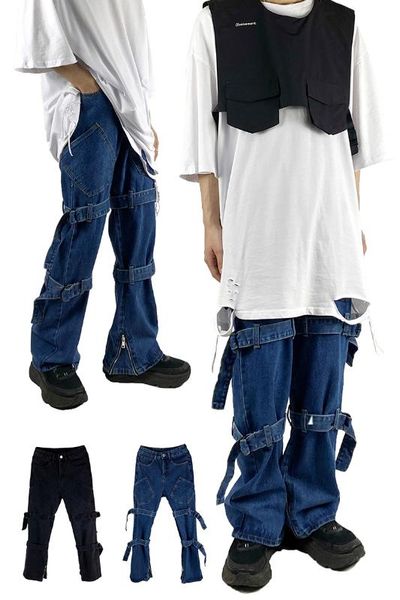 2020 new punk style strap straight jeans tide brand high street personality men's flared jeans, Blue
2020 new punk style strap straight jeans tide brand high street personality men's flared jeans, Blue